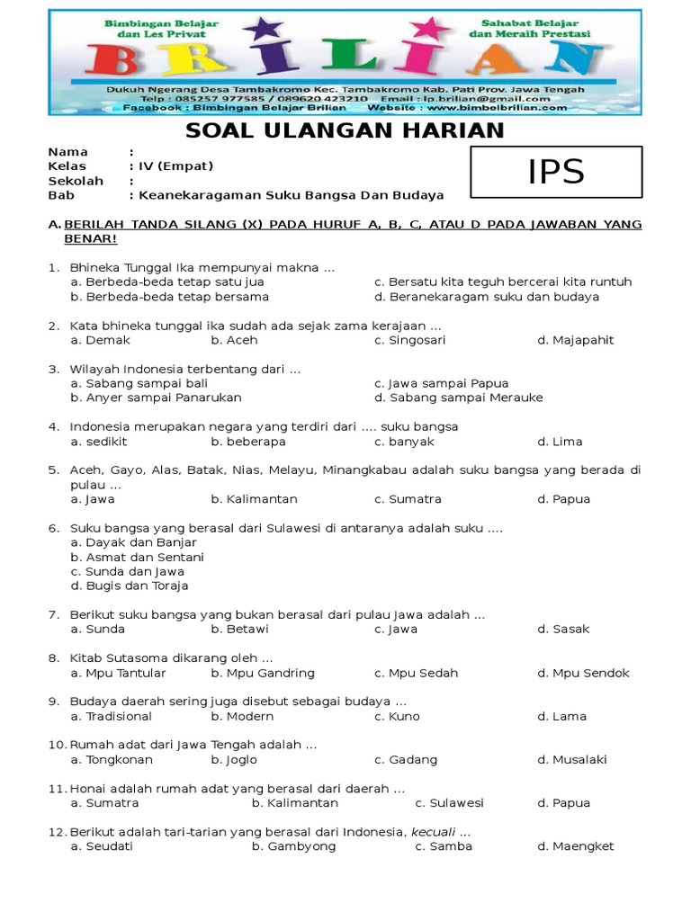 Soal IPS Kelas 4 SD Bab 4 Keanekaragaman Suku Bangsa Dan Budaya Dan Soal IPS Kelas 4 SD Bab 4 Keanekaragaman Suku Bangsa Dan Budaya Dan