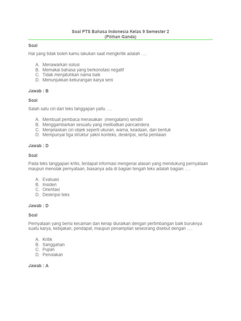 Rahasia Soal PTS Bahasa Indonesia Kelas 9 Semester 2 Kurikulum 2013 Wajib Diketahui