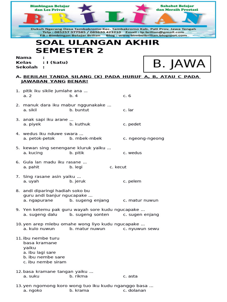 Terbukti Efektif 7 Contoh Soal Bahasa Jawa Kelas 1 Semester 2 yang Wajib Dikuasai