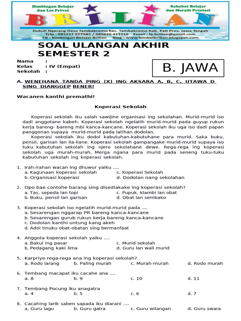 Ternyata Ini Kunci Jawaban Soal Bahasa Jawa Kelas 4 Semester 2 yang Sering Bikin Siswa Salah
