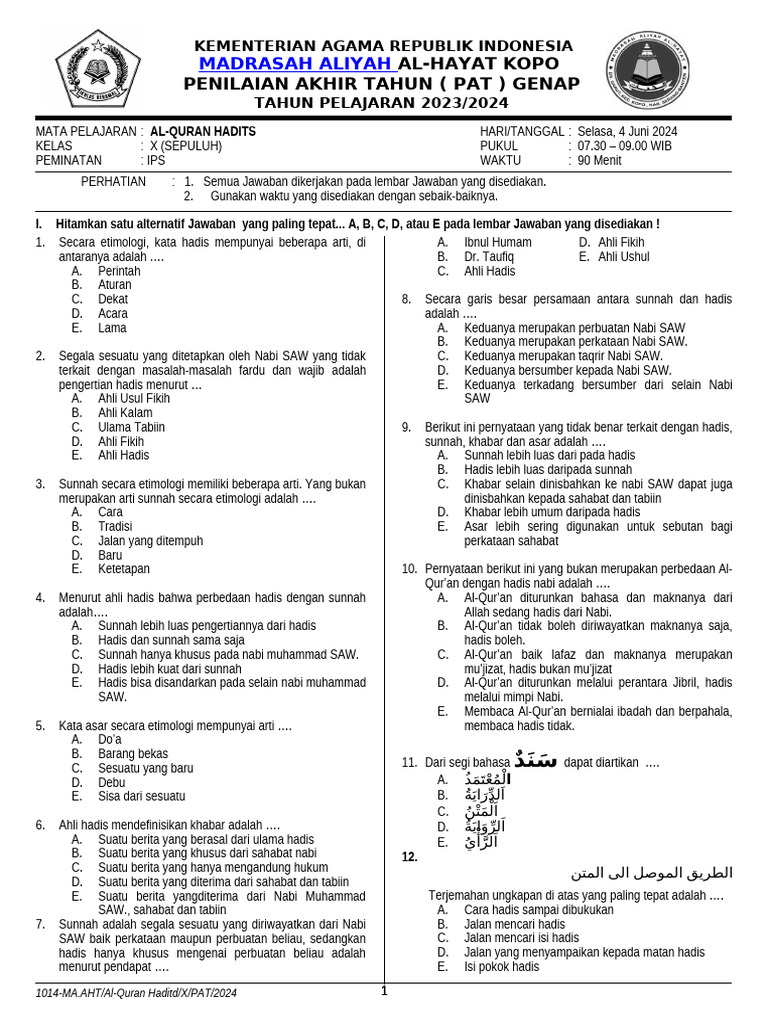 Rahasia Nilai Sempurna Kuasai Soal Al Quran Hadits Kelas 10 Madrasah Aliyah Semester 1 Rahasia Nilai Sempurna Kuasai Soal Al Quran Hadits Kelas 10 Madrasah Aliyah Semester 1