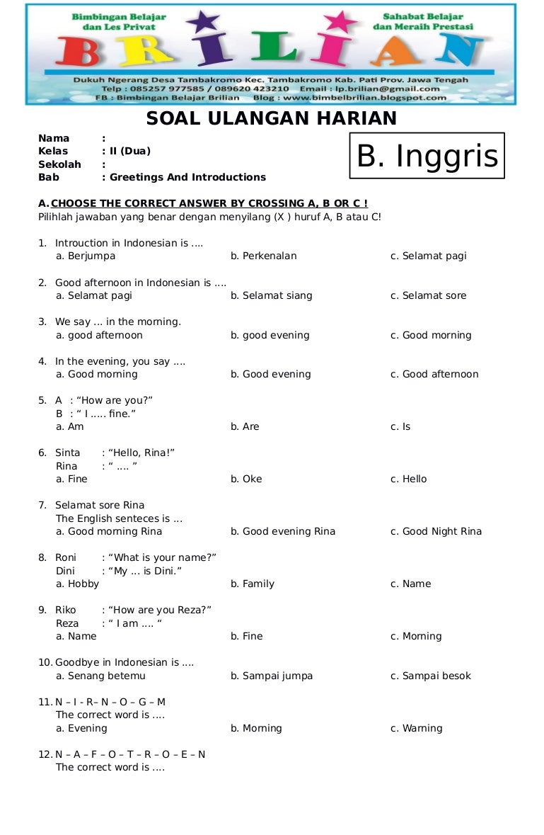 Wajib Tahu! Bank Soal UTS Bahasa Inggris Kelas 2 SD Semester 2 Paling Akurat Wajib Tahu! Bank Soal UTS Bahasa Inggris Kelas 2 SD Semester 2 Paling Akurat