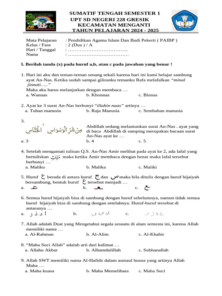 Wajib Tahu Kumpulan Soal Agama Islam Kelas 2 Semester 1 Kurikulum 2013 Terbaru
