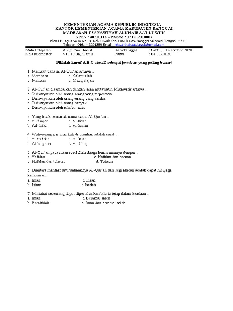 Wajib Tahu! Rahasia Lulus Ujian dengan soal al quran hadis kela 7 semester 1 pdf Terbaru Wajib Tahu! Rahasia Lulus Ujian dengan soal al quran hadis kela 7 semester 1 pdf Terbaru